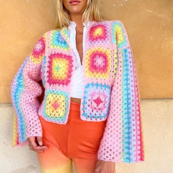 NEW Rose Carmine Crochet-Knit Mohair-Blend Granny Square Long Sleeve Cardigan - Picture 1 of 7